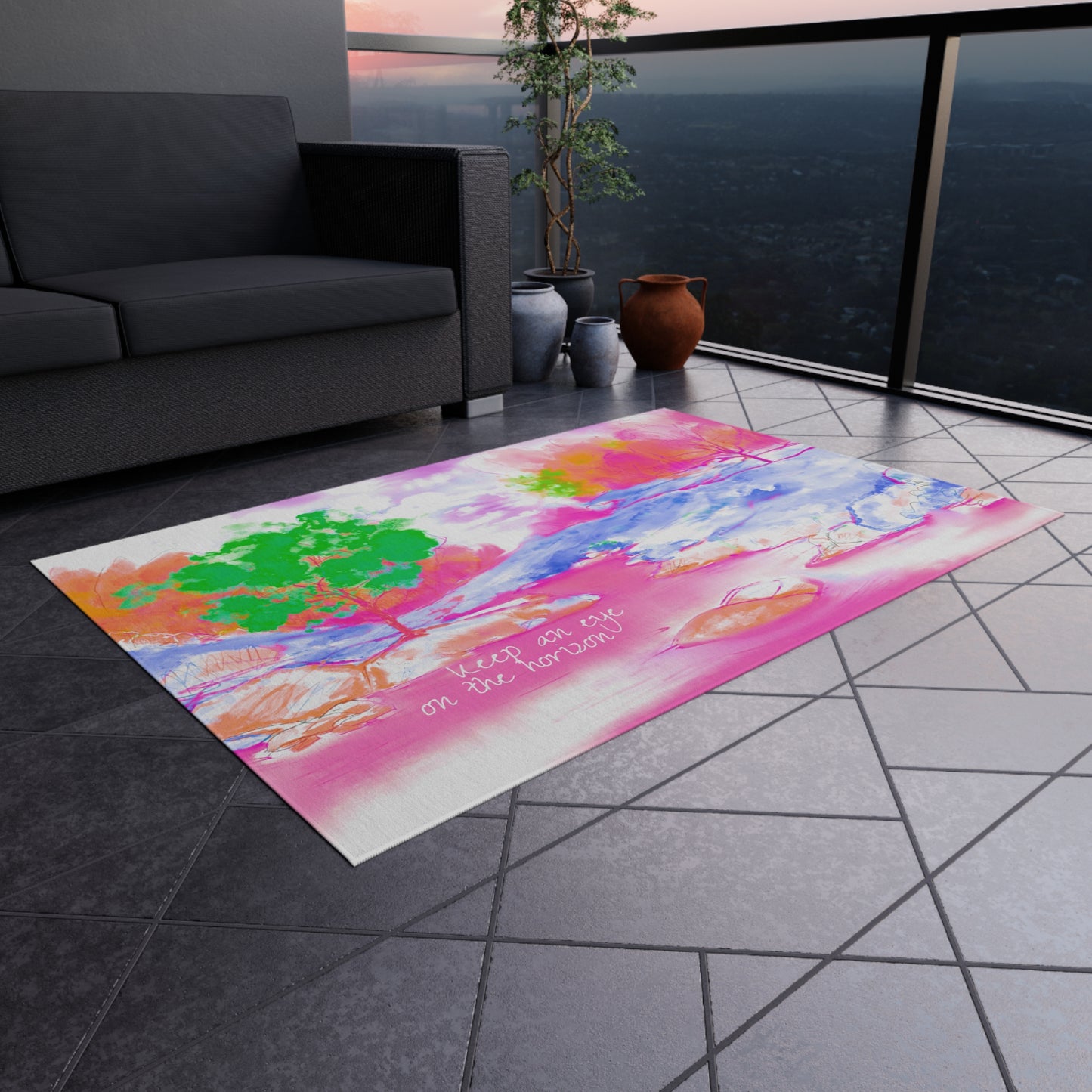 Inspirational Landscapes Indoor/Outdoor Area Rug, "Keep an eye on the horizon", Raspberry, Blue, and Green Non-slip
