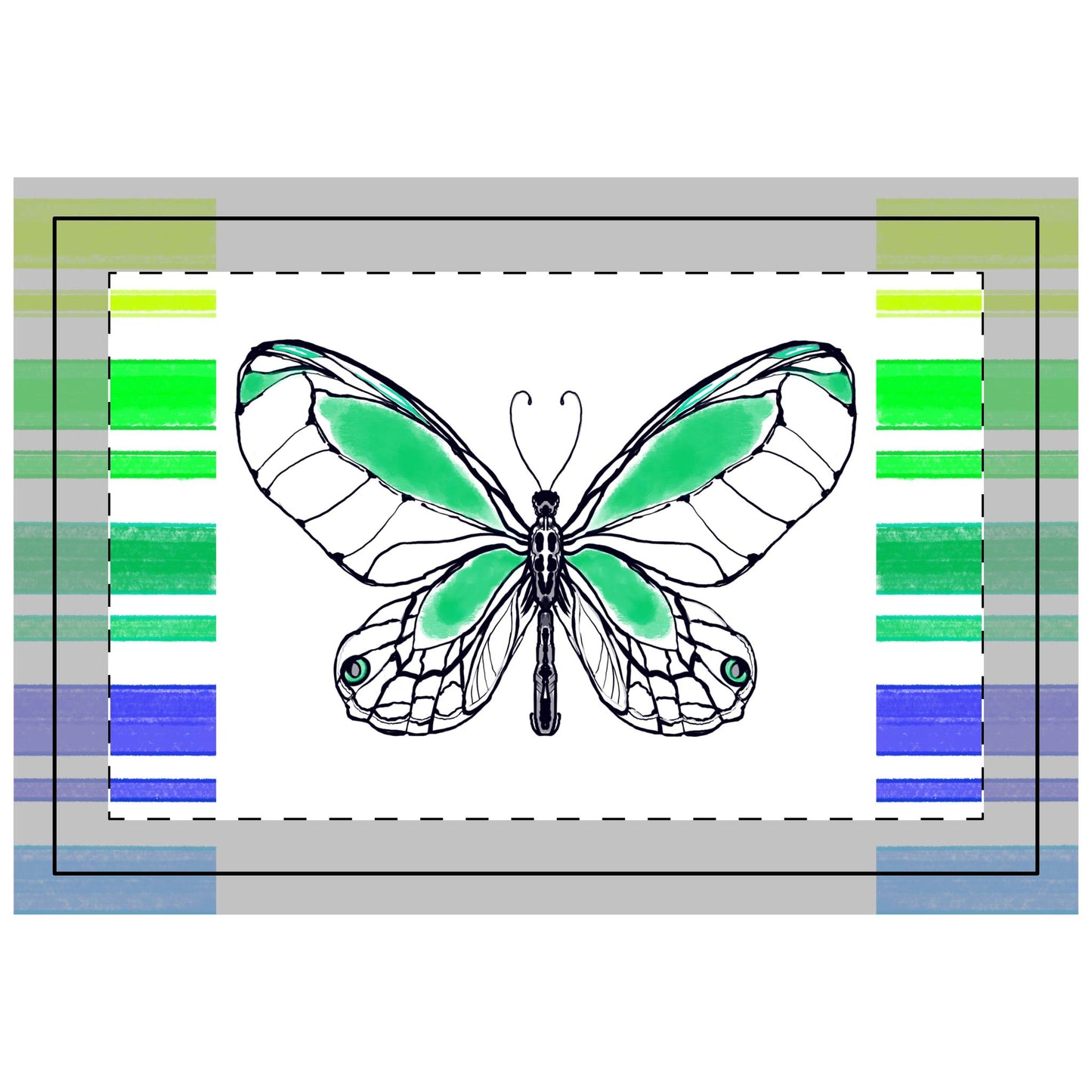 Butterfly  Flutterstripe Poly Quilted Placemat, Blue/Green, Fabric Background Bright White #7