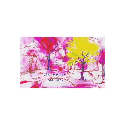 Inspirational Landscapes Indoor/Outdoor Rug, "It's never too late", Red, Pink, and Yellow Non-Slip