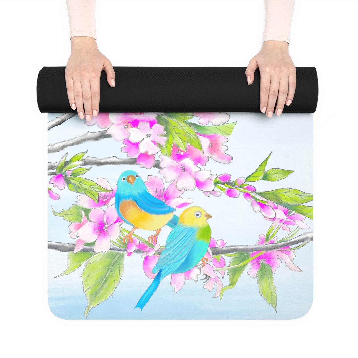 Rubber Yoga Mat Cherry Blossoms and Jolly Birds