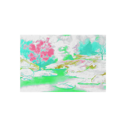 Inspirational Landscapes "Kindness is never wasted"  Indoor/Outdoor Area Rug in Lime, Aqua, and Raspberry (36" x 24")