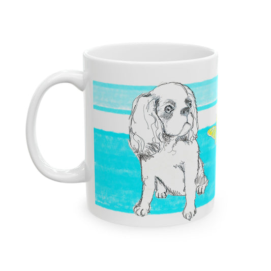 Mega Stripe Dogi Butterfly Flutter Ceramic Mug, (11oz, 15oz), Aqua Cocker Spaniel