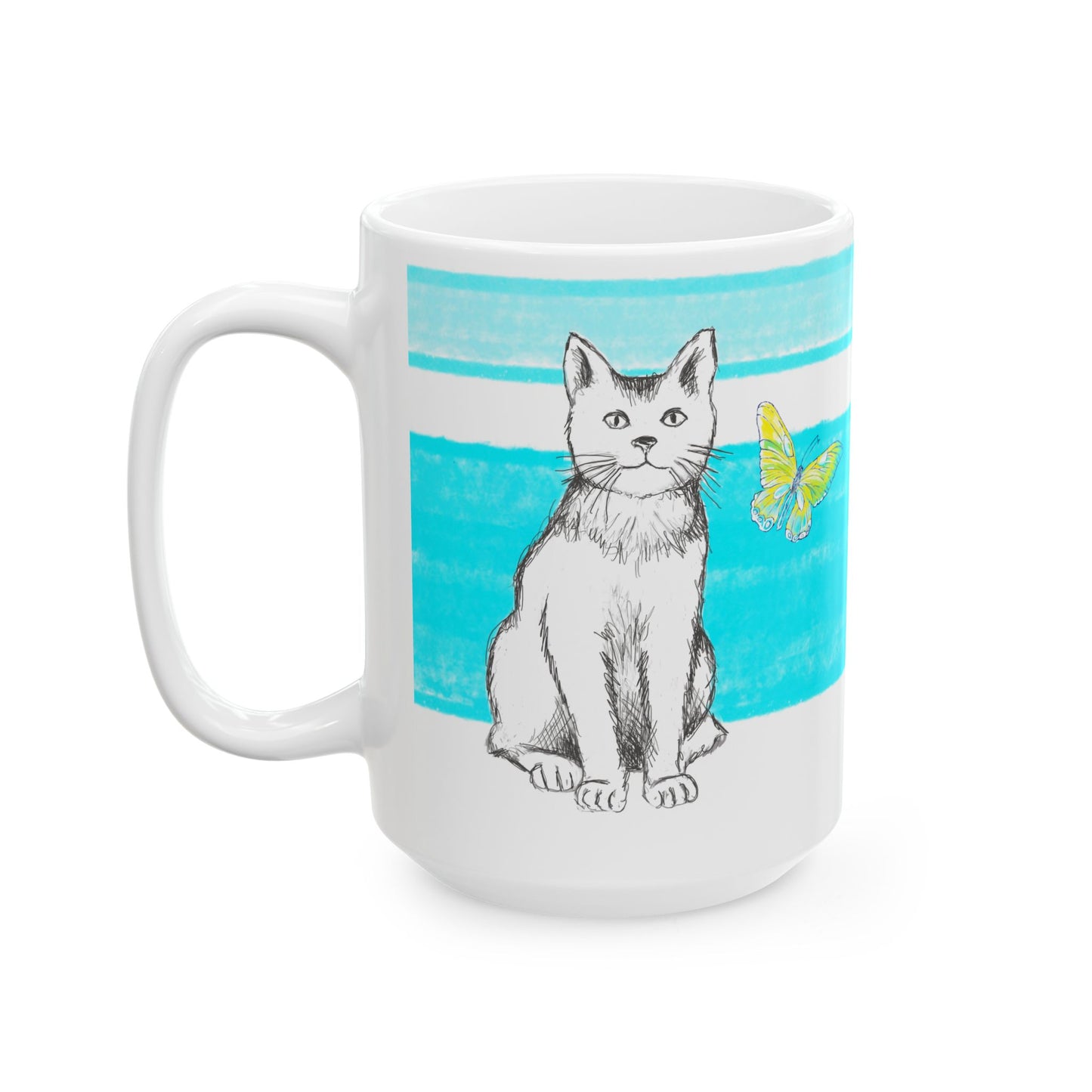 Mega Stripe Kitty Butterfly Flutter Ceramic Mug Aqua