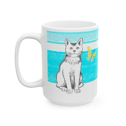 Mega Stripe Kitty Butterfly Flutter Ceramic Mug Aqua