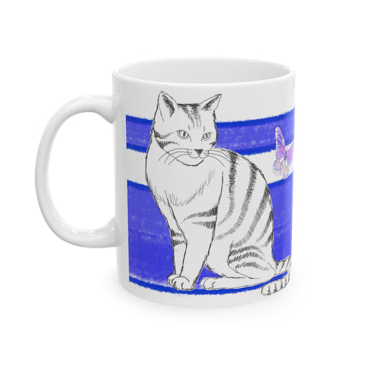 Mega Stripe Kitty Butterfly Flutter Ceramic Mug Ultramarine