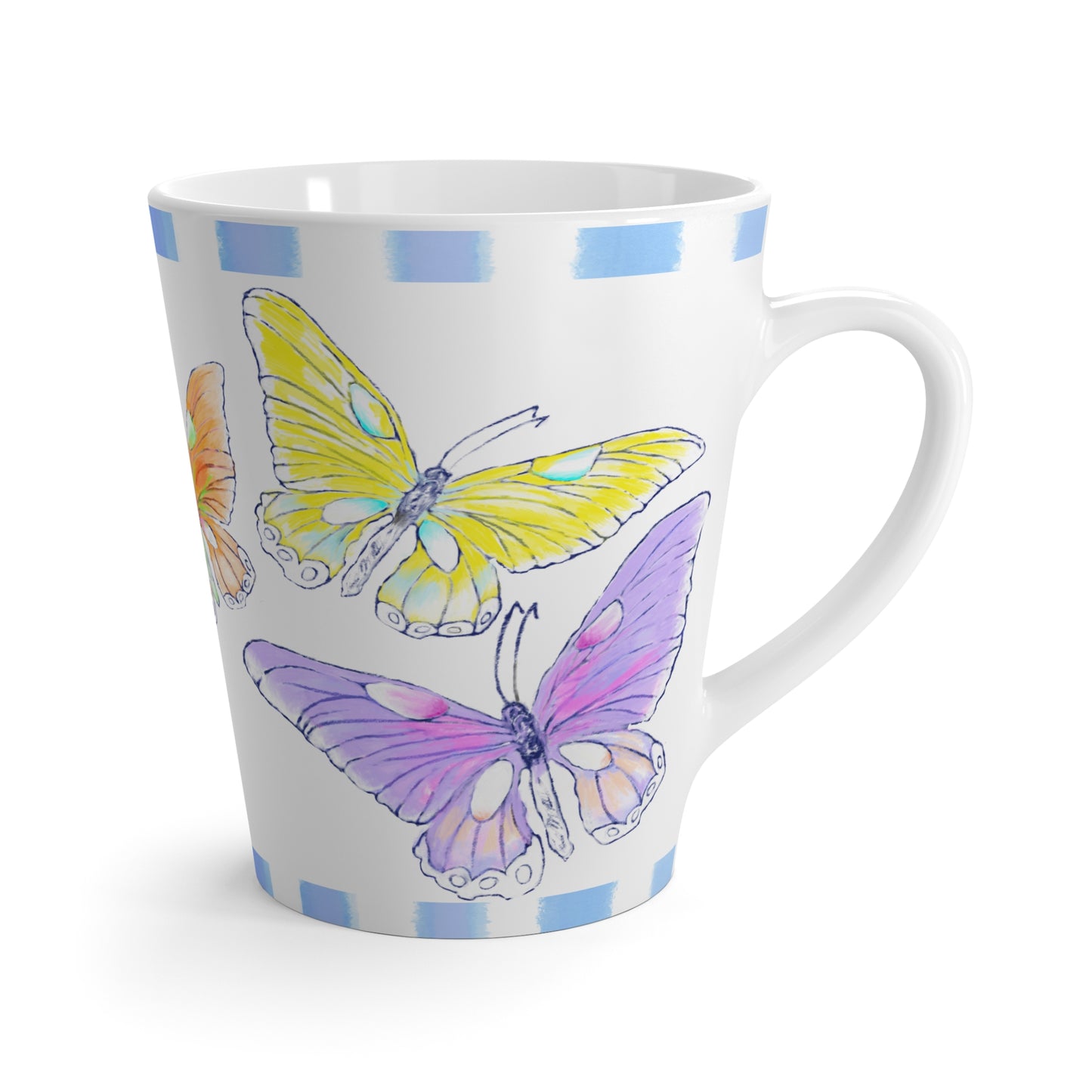 Butterfly Swing  Latte Mug Aqua, Lilac, Pink , Orange, Yellow Butterflies, Blue Stripe
