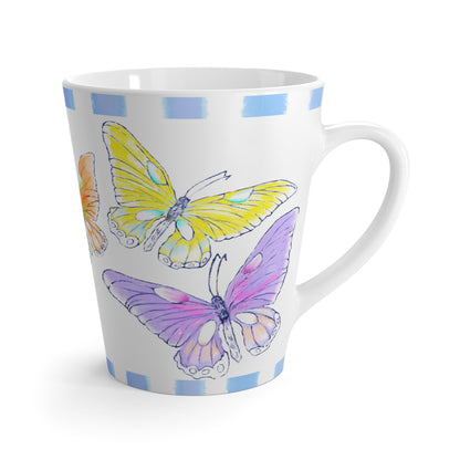 Butterfly Swing  Latte Mug Aqua, Lilac, Pink , Orange, Yellow Butterflies, Blue Stripe
