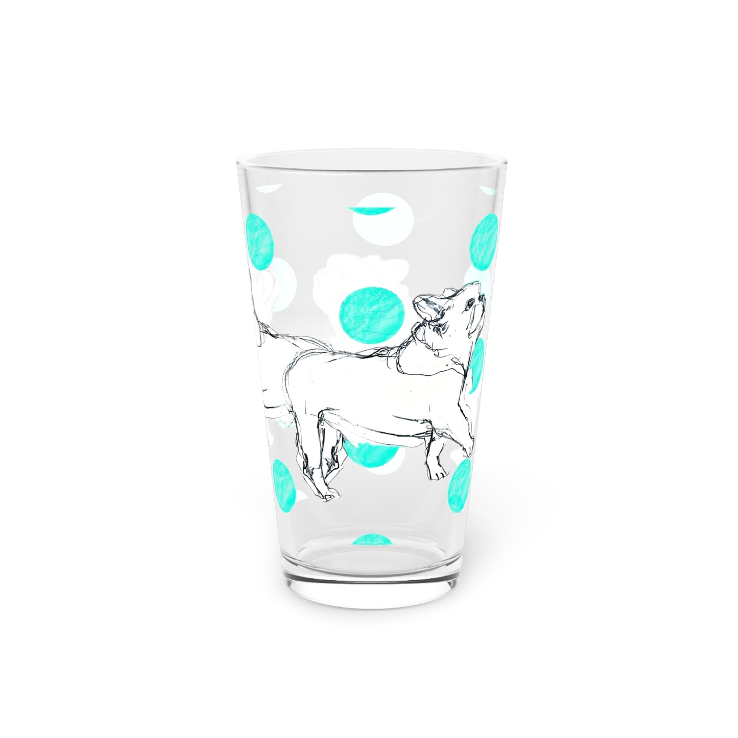 Dogi Fun and Polka Dots Pint Glass in Aqua, French Bulldog, 16oz