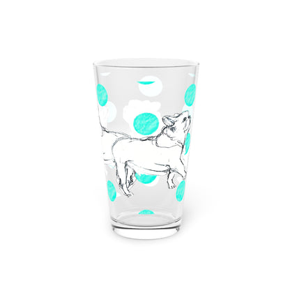 Dogi Fun and Polka Dots Pint Glass in Aqua, French Bulldog, 16oz