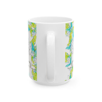 Kitty Flutter Ceramic Mug, Aqua/Lime, (11oz, 15oz)