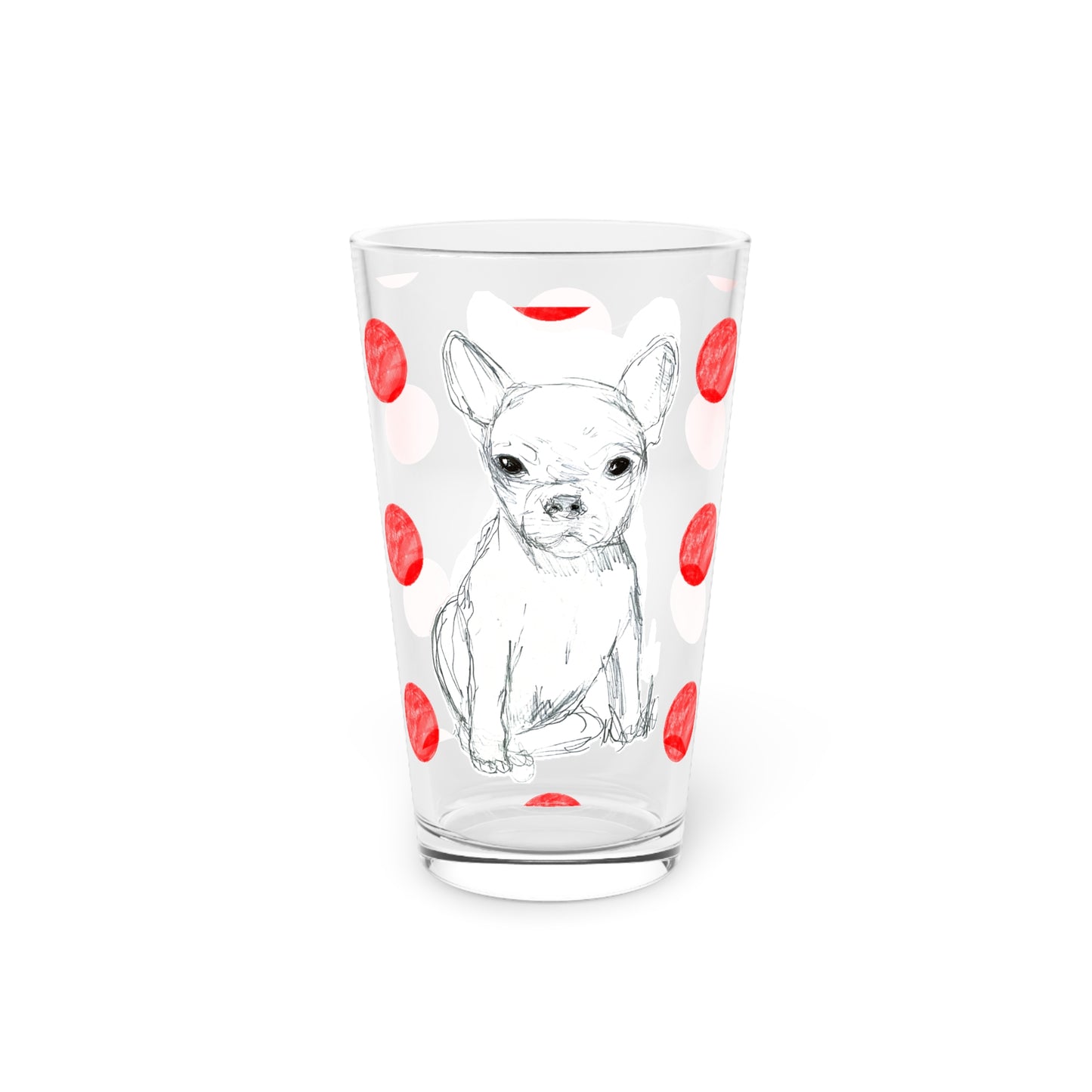 Dogi Fun and Polka Dots Pint Glass in Red, Chihuahua, 16oz