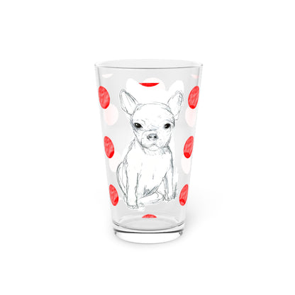 Dogi Fun and Polka Dots Pint Glass in Red, Chihuahua, 16oz