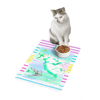 Kitty Flutter Pet Food Mat with Multi-Color Striped Border