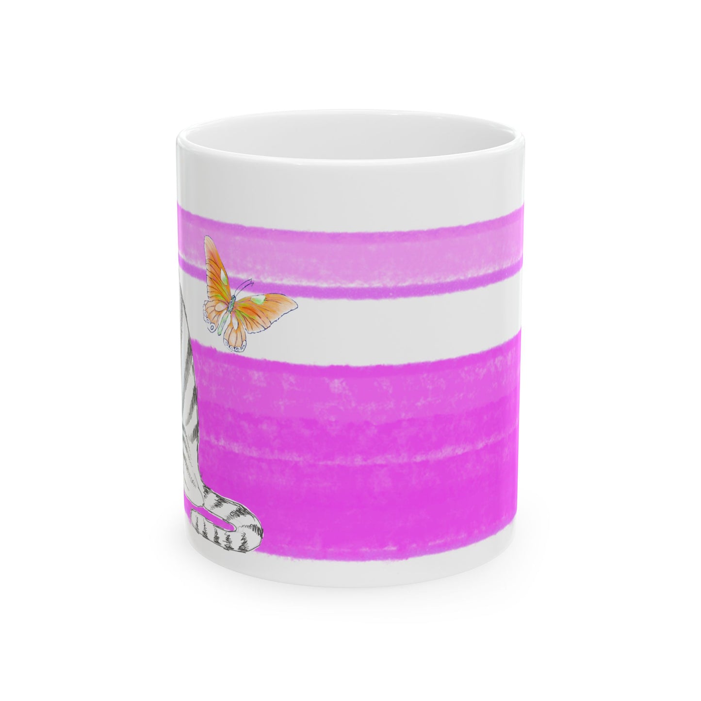 Mega Stripe Kitty Butterfly Flutter Ceramic Mug Purplish Pink