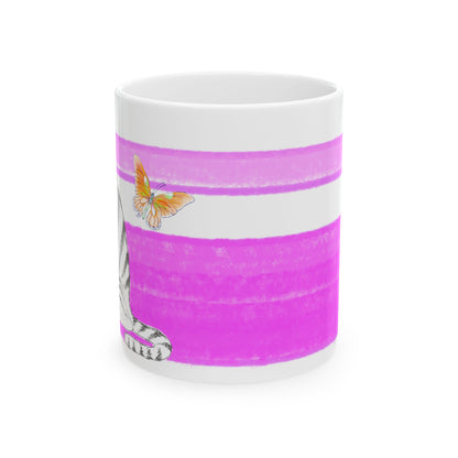 Mega Stripe Kitty Butterfly Flutter Ceramic Mug Purplish Pink