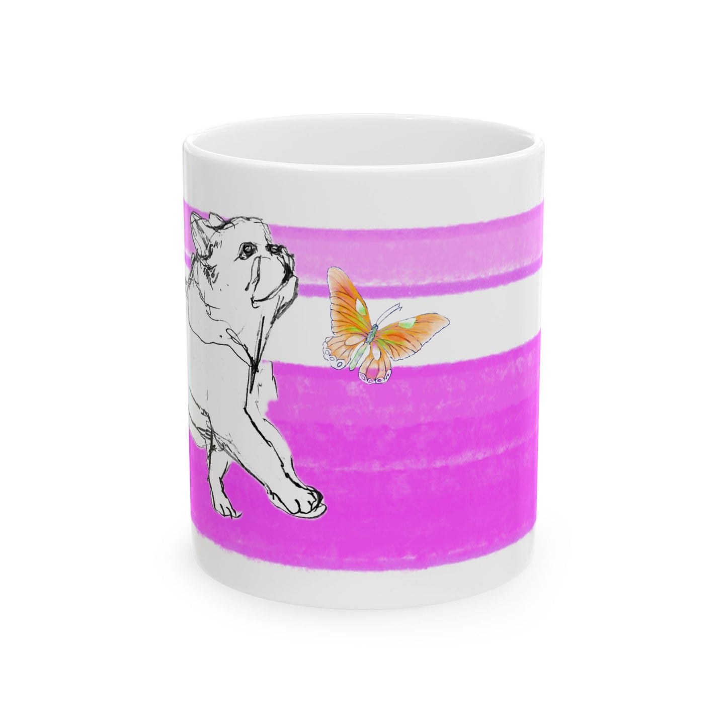 Mega Stripe Dogi Butterfly Flutter Ceramic Mug, (11oz, 15oz),  Purplish Pink, Bulldog