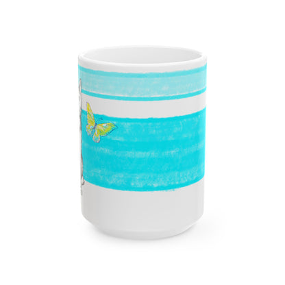 Mega Stripe Kitty Butterfly Flutter Ceramic Mug Aqua