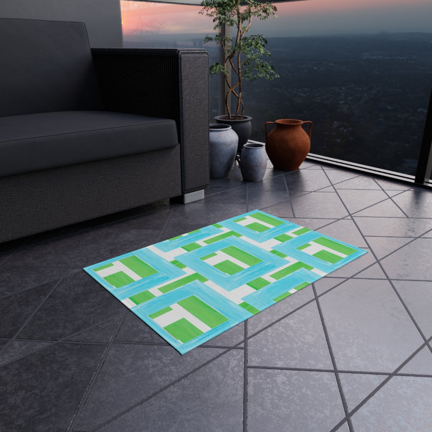 Indoor/Outdoor Rug Color Blocks Green & Aqua