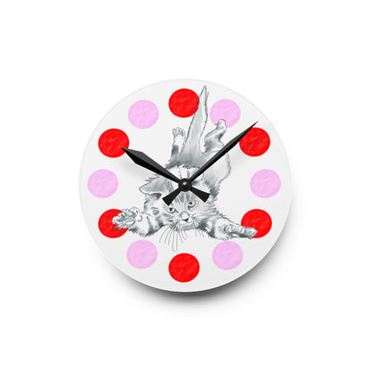 Kitty Fun Acrylic Wall Clock, Pink and Red polka dots tulip