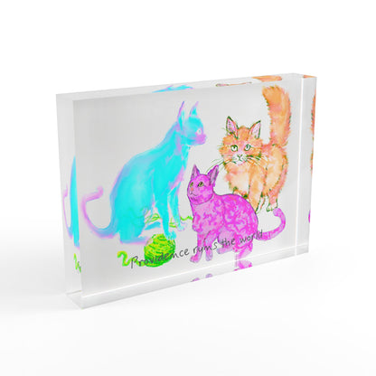 Colorful Cats & Dogs Acrylic Art Block 3 Cats Aqua, Pink, Green- Providence runs the world