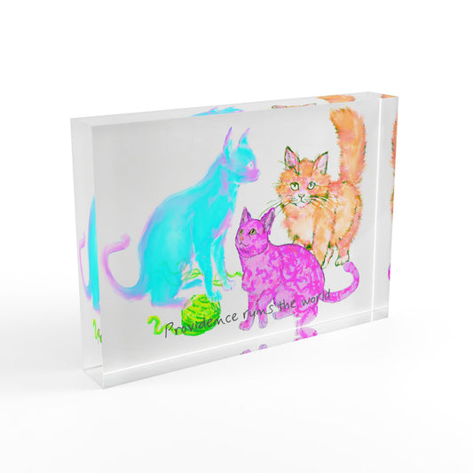 Colorful Cats & Dogs Acrylic Art Block 3 Cats Aqua, Pink, Green- Providence runs the world