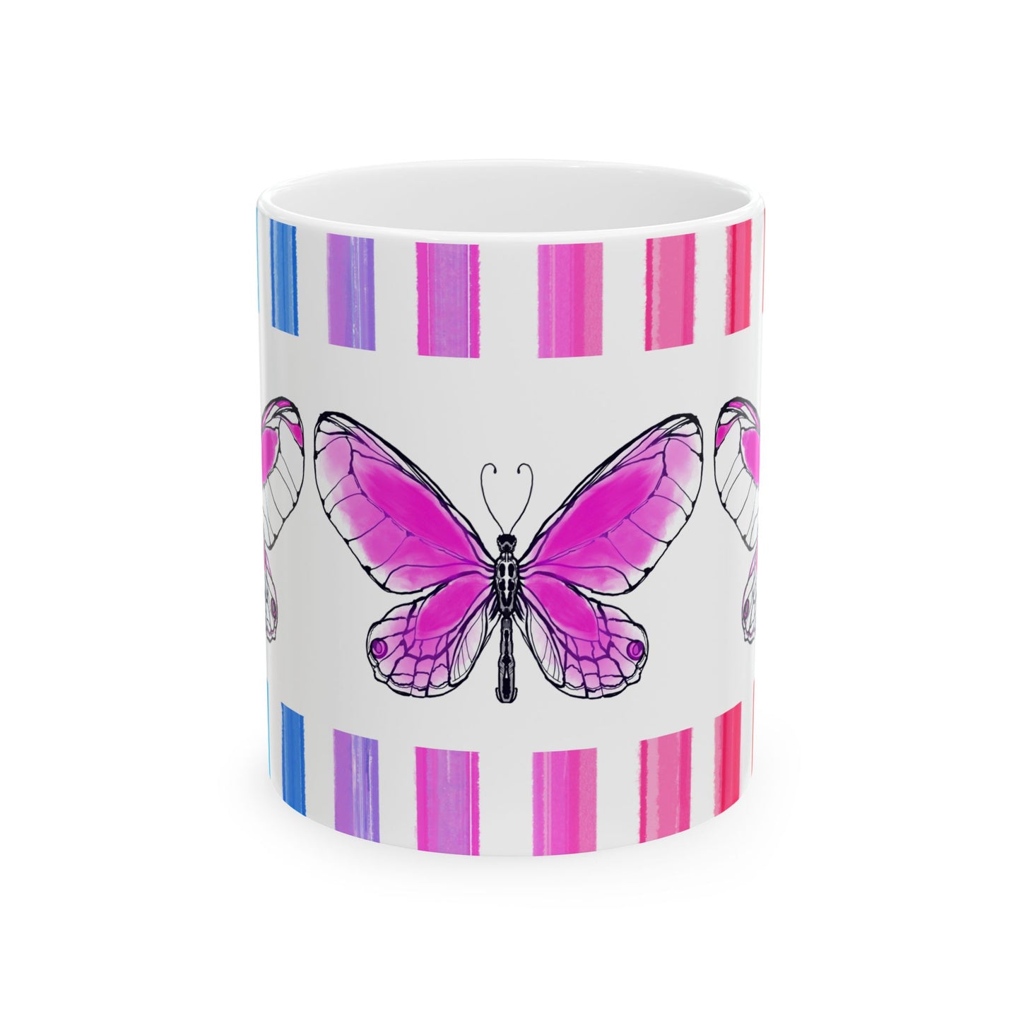 Butterfly Rainbow Stripe Ceramic Mug in Raspberry Pink with Multi-color Striped Border, (Available in 2 sizes 11oz and 15oz)
