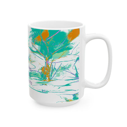 Inspirational Landscapes Ceramic Mug in Blue-Green and Lilac,"God presides, provides, and protects",  11oz