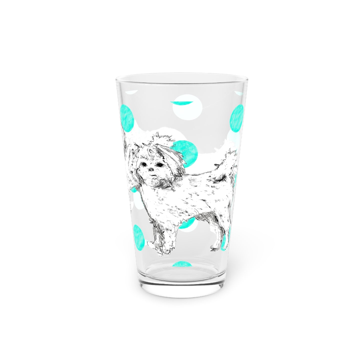 Dogi Fun and Polka Dots Pint Glass in Aqua, Shih Tzu, 16oz