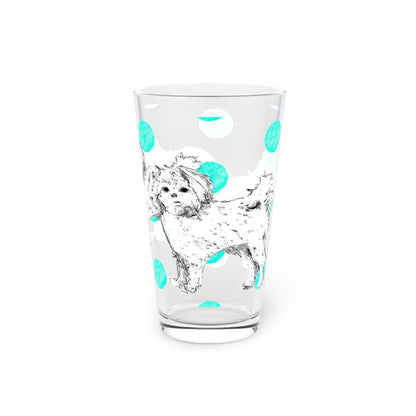 Dogi Fun and Polka Dots Pint Glass in Aqua, Shih Tzu, 16oz