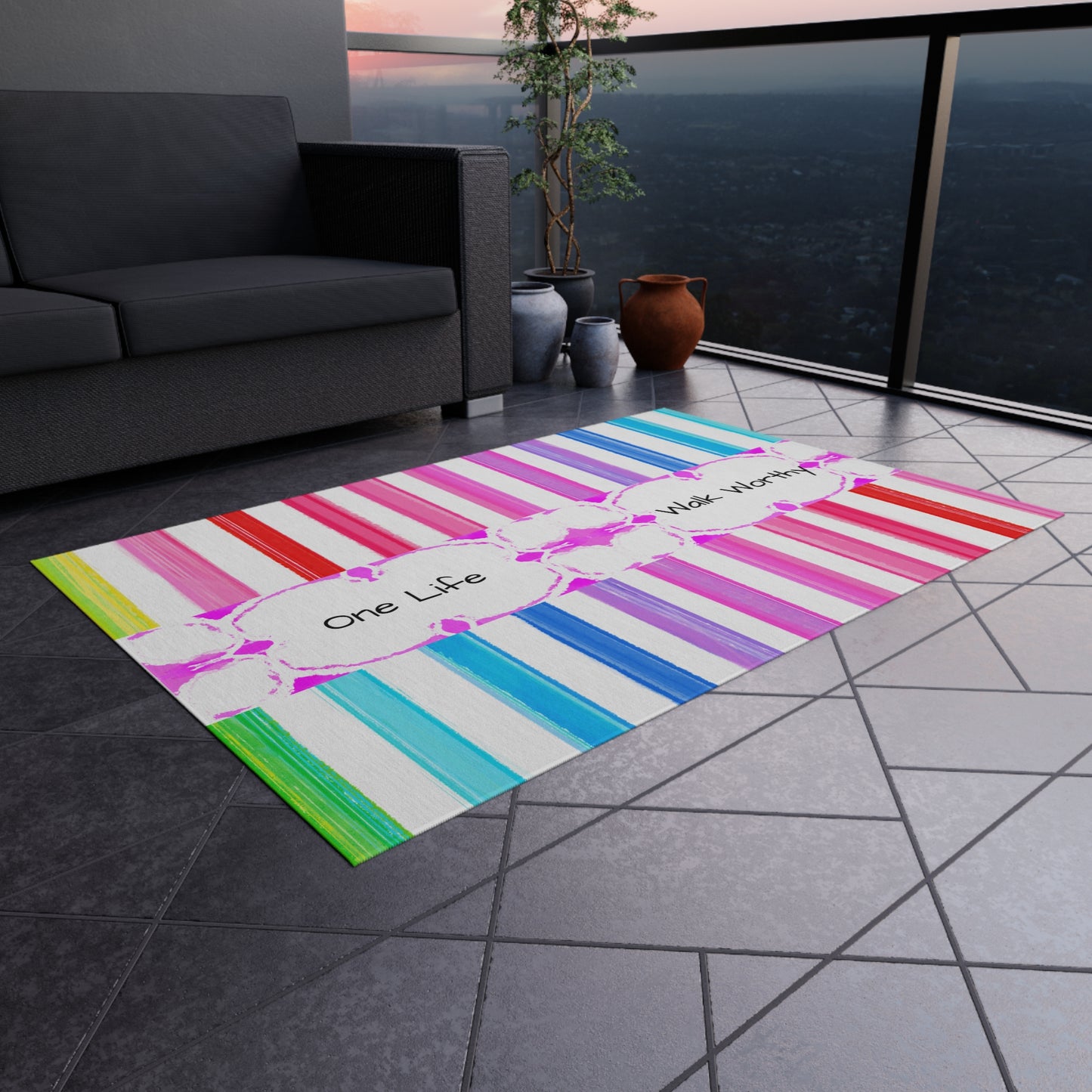 Watercolor Stripes Indoor/Outdoor Rug "One life, walk worthy"
