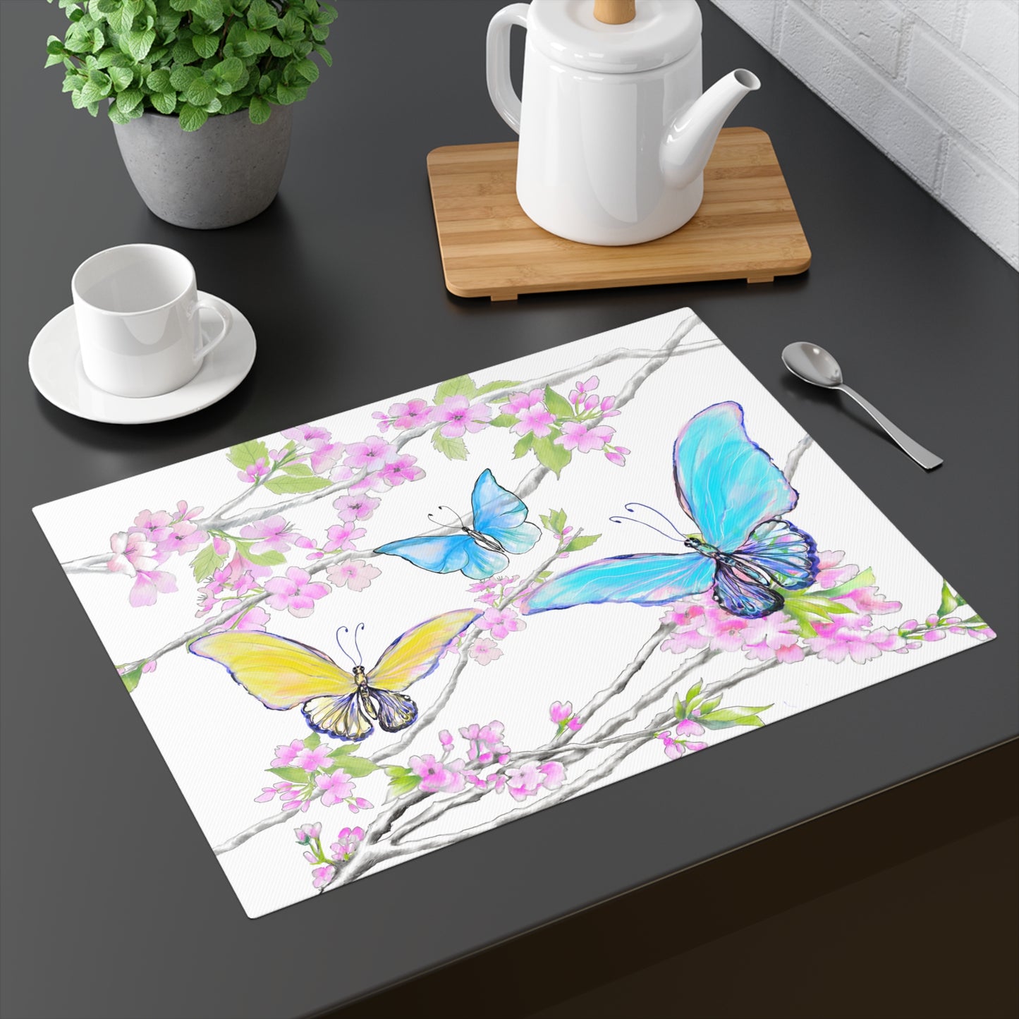 Butterfly Blossom Whirl Cotton Placemat, 1pc Blue, Background fabric creamier white, #1