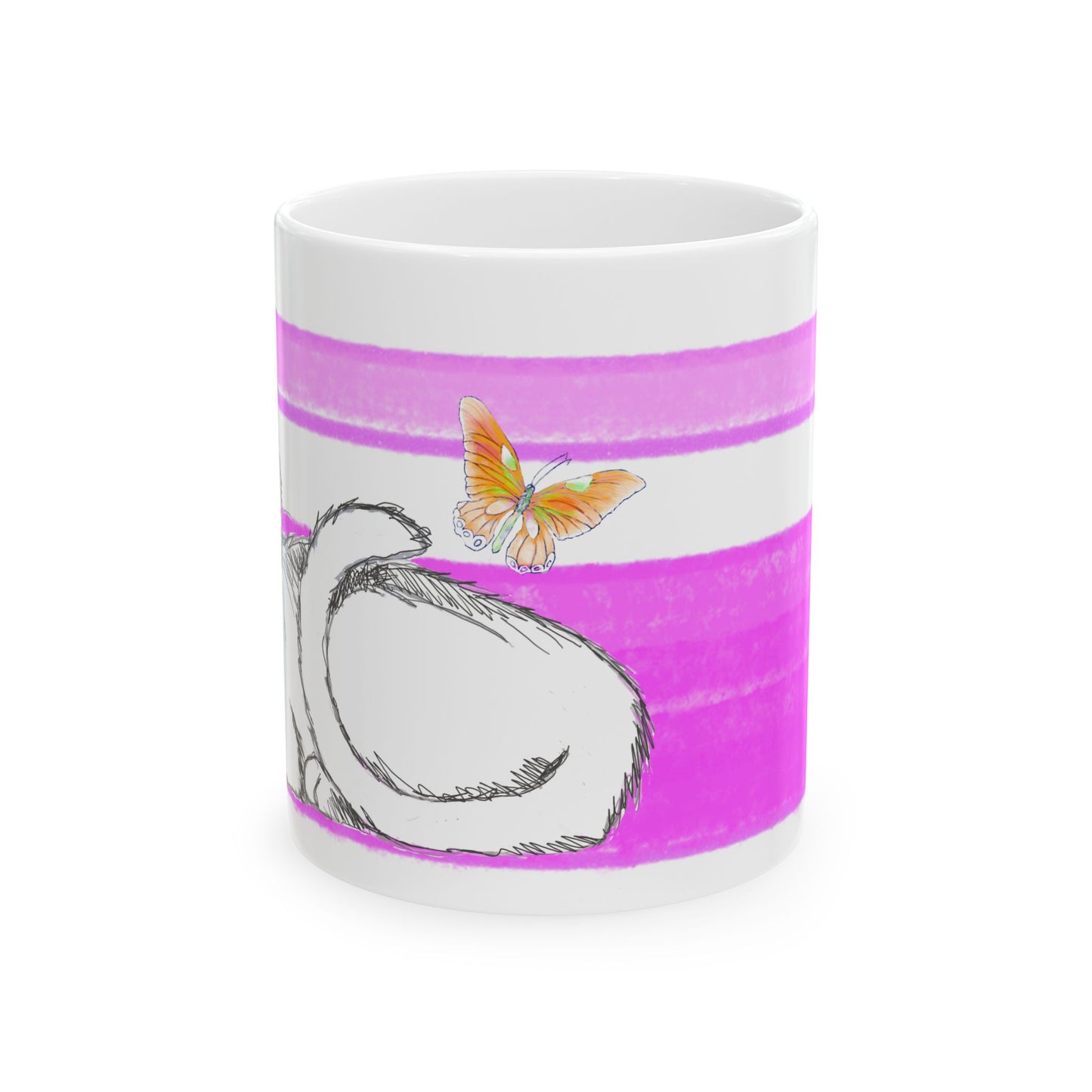 Mega Stripe Kitty Butterfly Flutter Ceramic Mug Purplish Pink