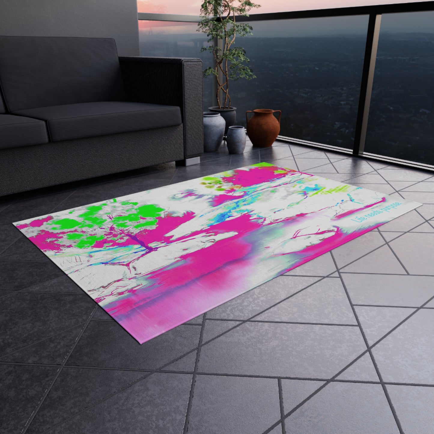 Inspirational Landscapes  Indoor/Outdoor Area Rug, "Life needs purpose" Raspberry and Green