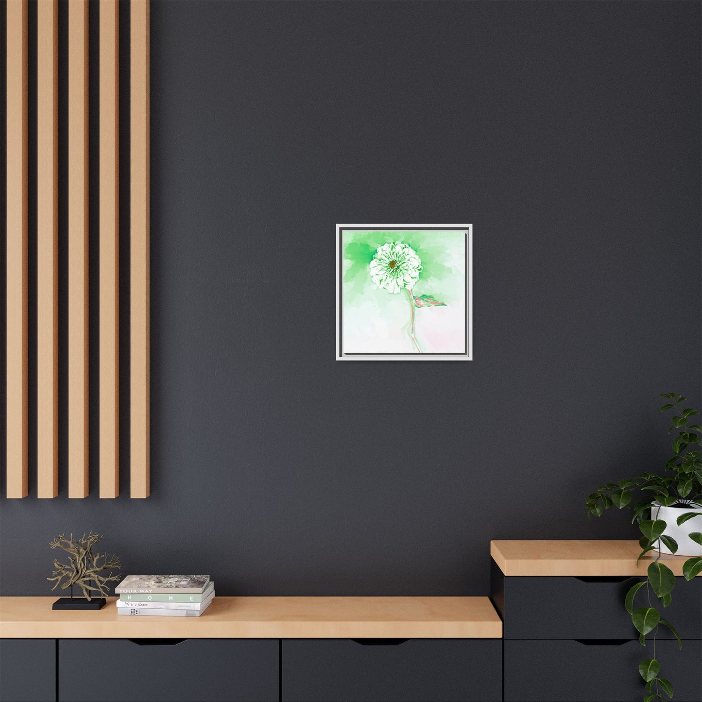 Zinnia Color Splash Matte Canvas Soft Green Framed