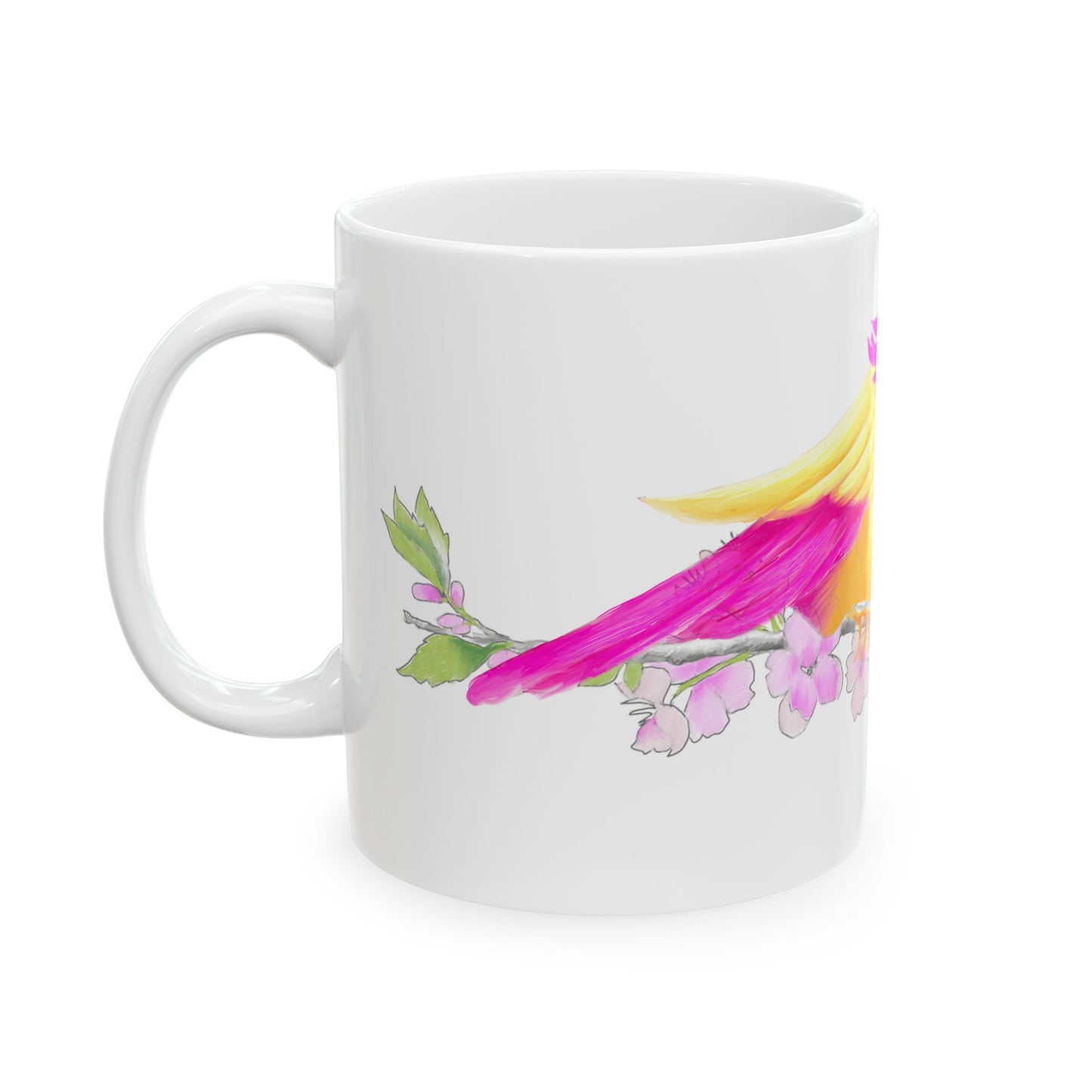 Jolly Birds Ceramic Mug, (11oz, 15oz), fuchsia and Yellow