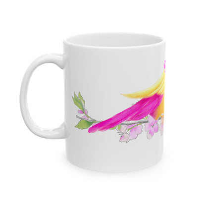 Jolly Birds Ceramic Mug, (11oz, 15oz), fuchsia and Yellow