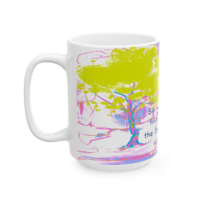 Inspirational Landscapes Ceramic Mug in Chartreuse and Orchid, "Sin will keep us from the Book; the Book will keep us from sin", 11oz,15oz.
