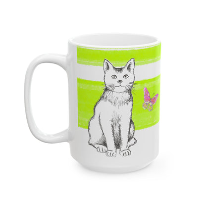 Mega Stripe Kitty Butterfly Flutter Ceramic Mug  Lime