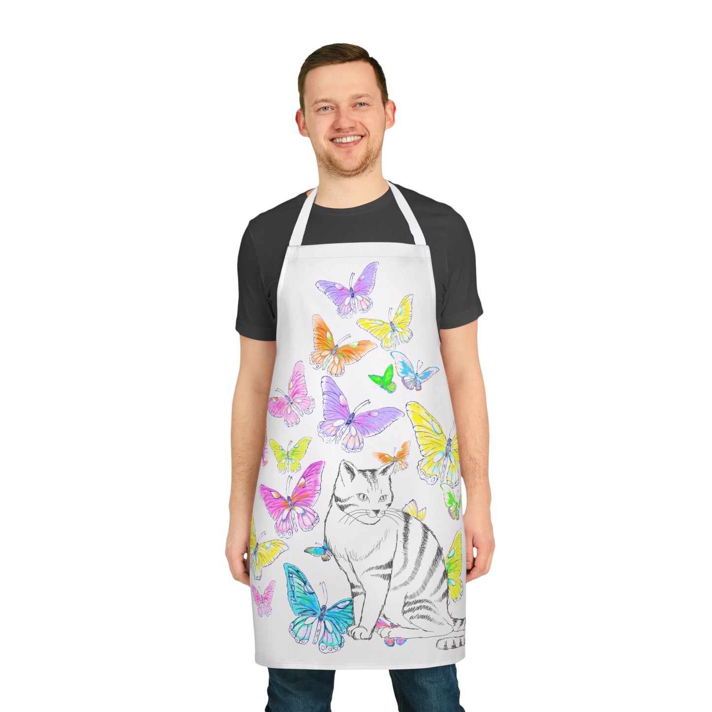 Kitty Flutter Apron, 4-Color Straps, Stripe Cat