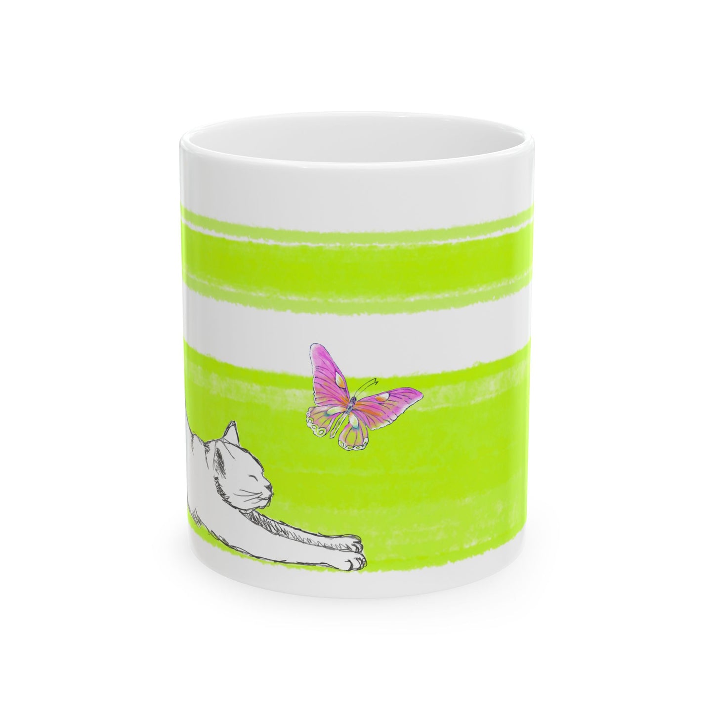 Mega Stripe Kitty Butterfly Flutter Ceramic Mug Lime
