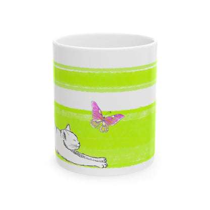 Mega Stripe Kitty Butterfly Flutter Ceramic Mug Lime