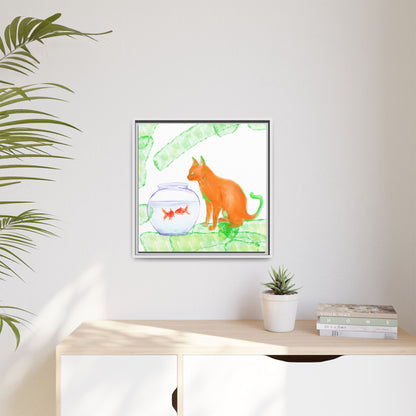 Colorful Cat and Fish Bowl Matte Canvas Framed white