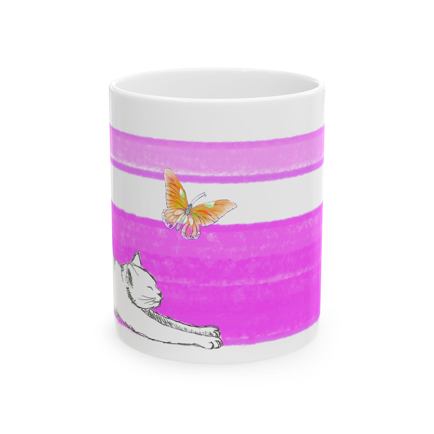 Mega Stripe Kitty Butterfly Flutter Ceramic Mug Purplish Pink