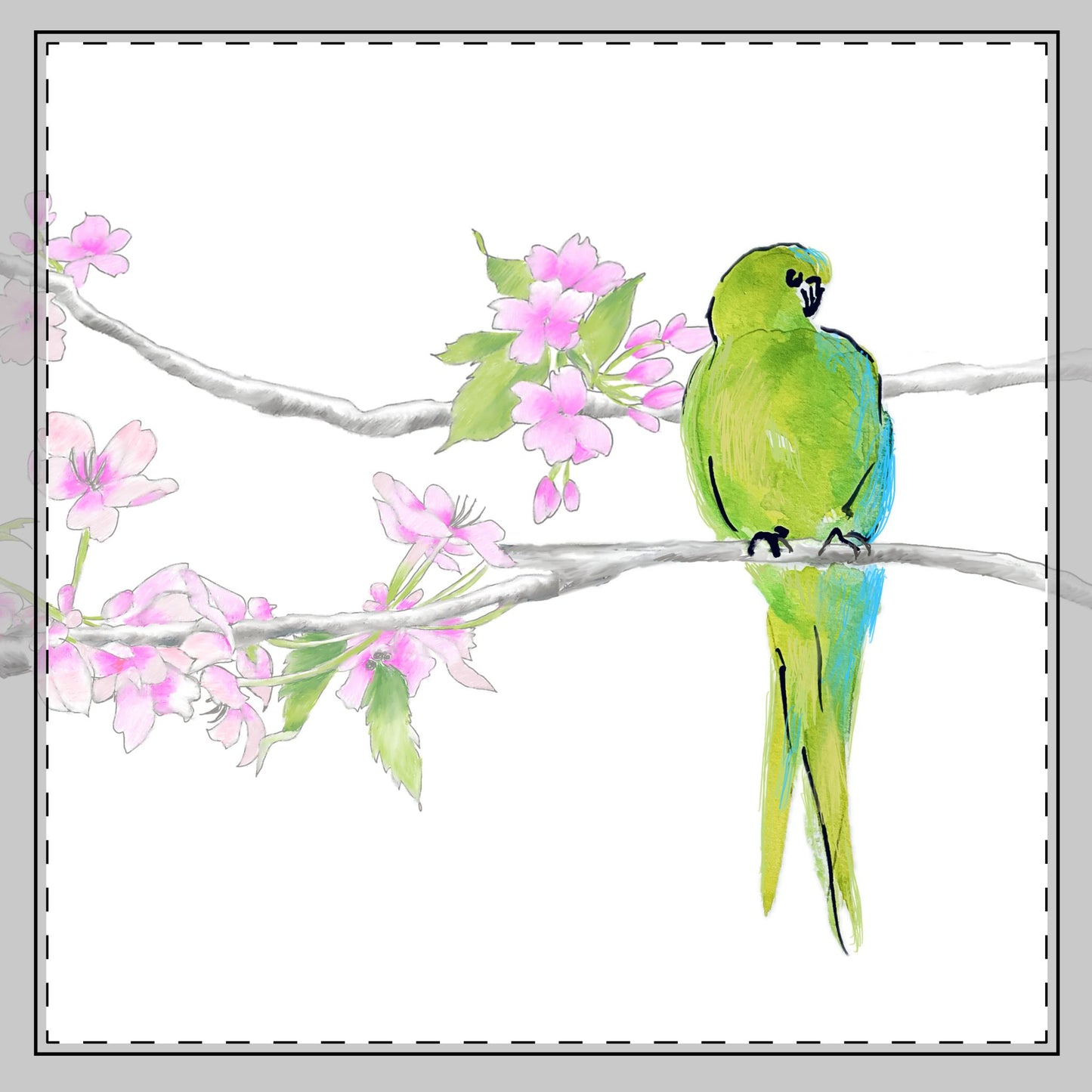 Blossoms & Birds in Lime-Green Poly Twill Napkin, Background Fabric Bright White