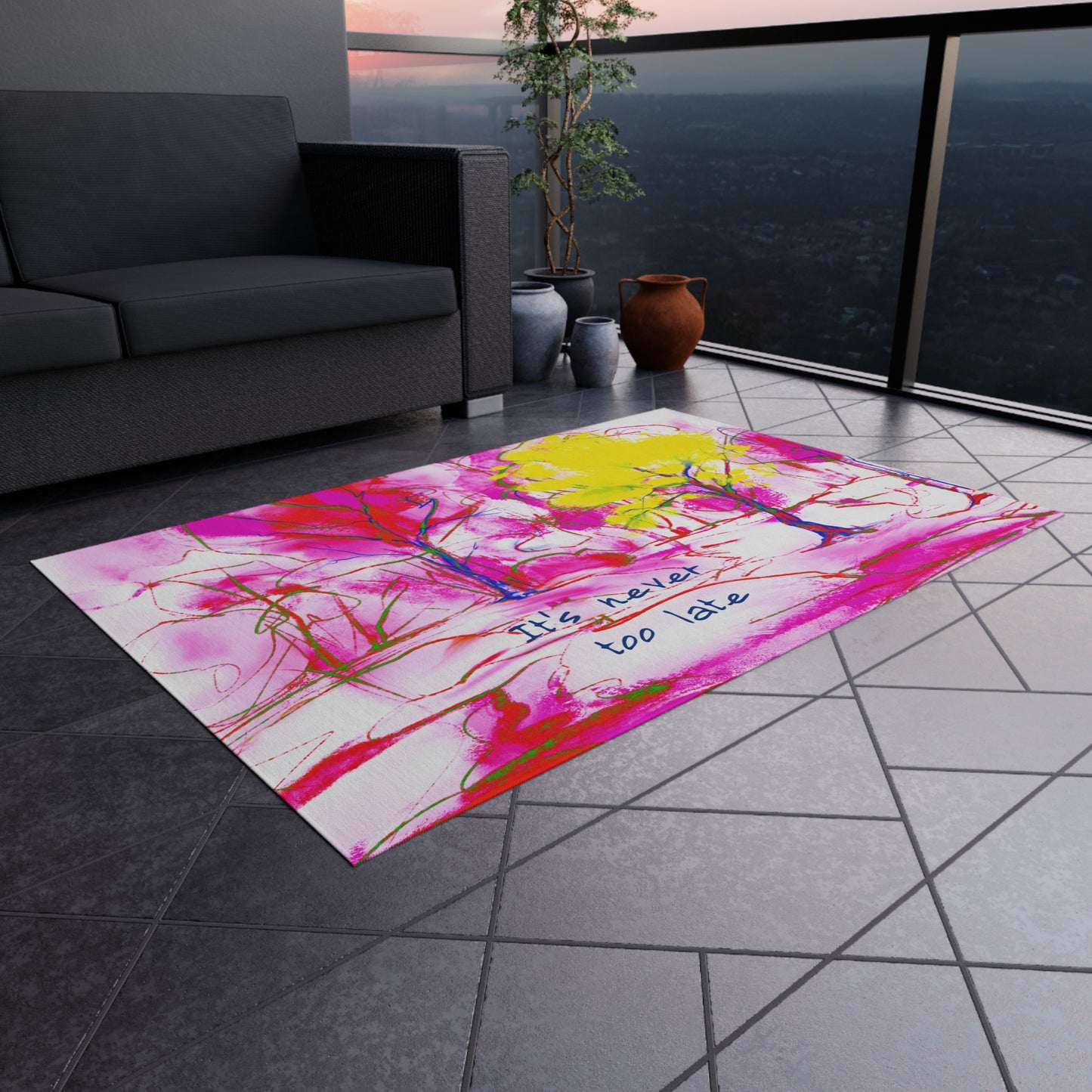 Inspirational Landscapes Indoor/Outdoor Rug, "It's never too late", Red, Pink, and Yellow Non-Slip