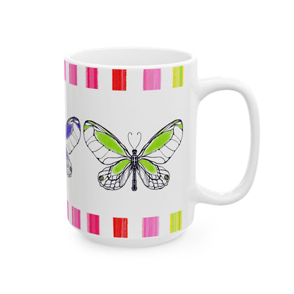 Butterfly Rainbow Stripe Ceramic Mug in Aqua, Purple and Green with Multi-color Striped Border, (Available in 2 sizes 11oz and 15oz)