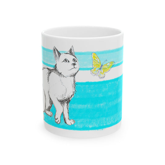 Mega Stripe Kitty Butterfly Flutter Ceramic Mug Aqua