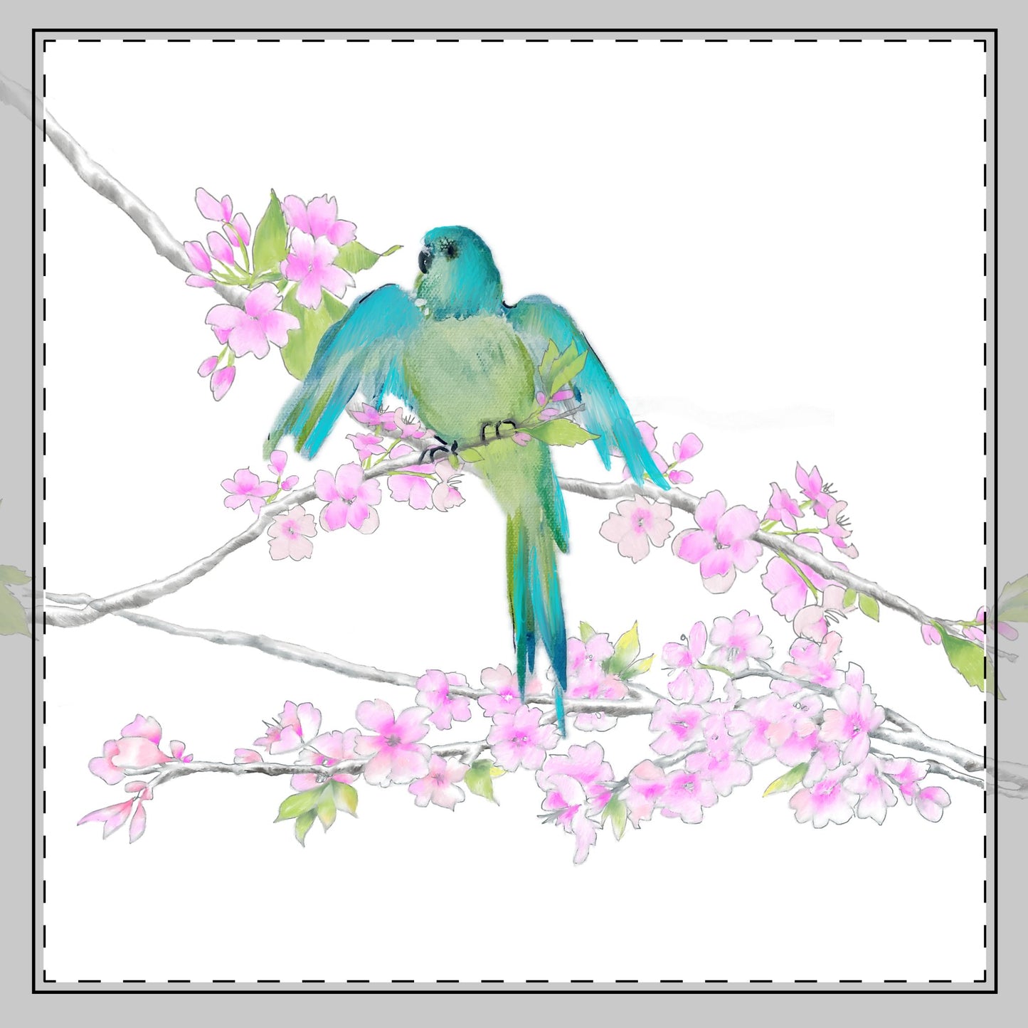 Blossoms & Birds Cotton Twill Napkin Teal, Background Fabric Creamy White