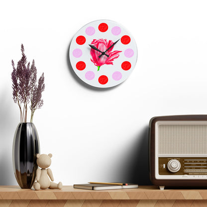 Tulip Love, Acrylic Wall Clock, Pink and Red polka dots Red tulip