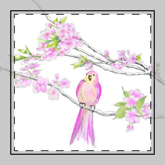 Blossoms & Birds in Pink Poly Twill Napkin, Background Fabric Bright White